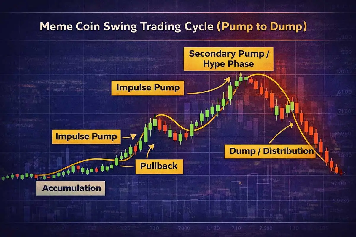 چرخه پامپ تا دامپ در میمکوینها با مراحل Accumulation، Pullback و Distribution