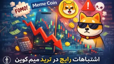 تصویر کارتونی اشتباهات رایج در ترید میم کوین با نمودار نزولی، هشدار FOMO و سگ شیبا کنار چارت