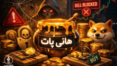 تصویر مفهومی هانی پات در کریپتو؛ تله توکن با پیام Sell Blocked و هشدار کلاهبرداری